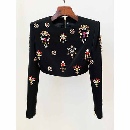 Women's Formal Skirt Suit Fitted nail bead diamond Short Crop Jacket + Mini Skirt Suit