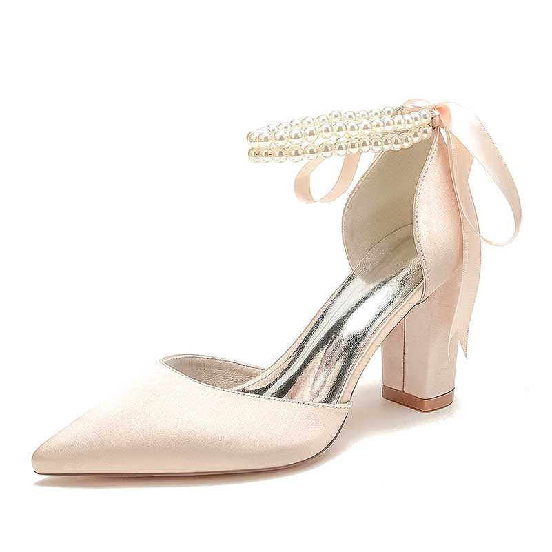 Chunky Wedding Shoes Pointed Toe Pearls Tie-Up Bridal Block Heels