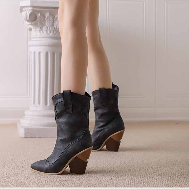Stylish black fashion wedge boots for women with a unique heel design and comfortable fit