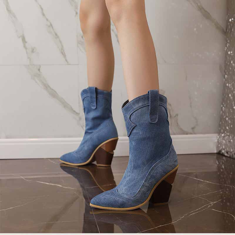 Stylish fashion wedge boots for women in blue with unique contoured design and high heels