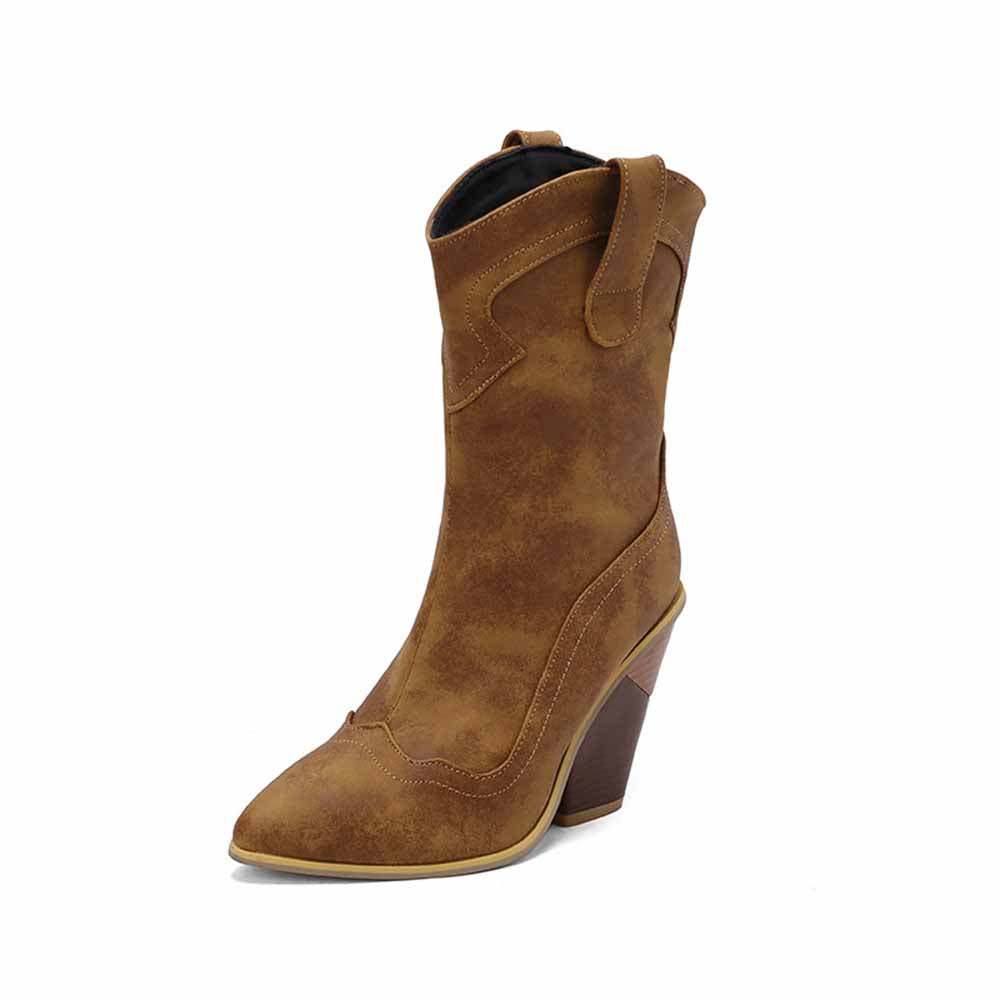 Stylish brown fashion wedge boots for women with a pointed toe and unique design