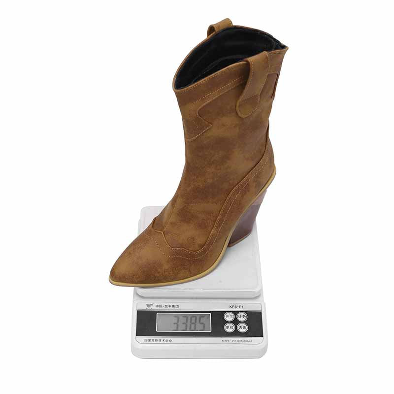 Brown fashion wedge boots for women displayed on a digital scale for size comparison