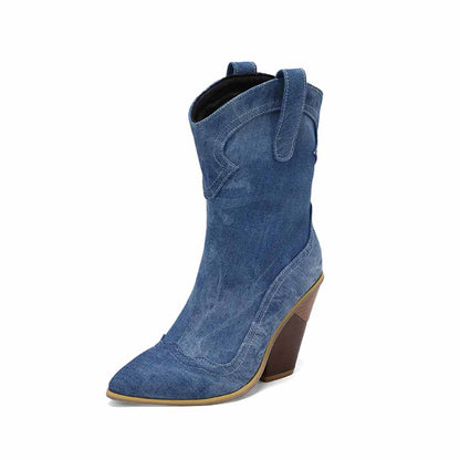Stylish denim fashion wedge boots for women with a pointed toe and unique western design