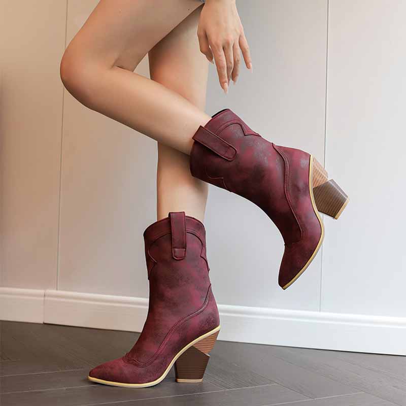 Stylish sd-hk fashion wedge boots for women in burgundy with unique heel design