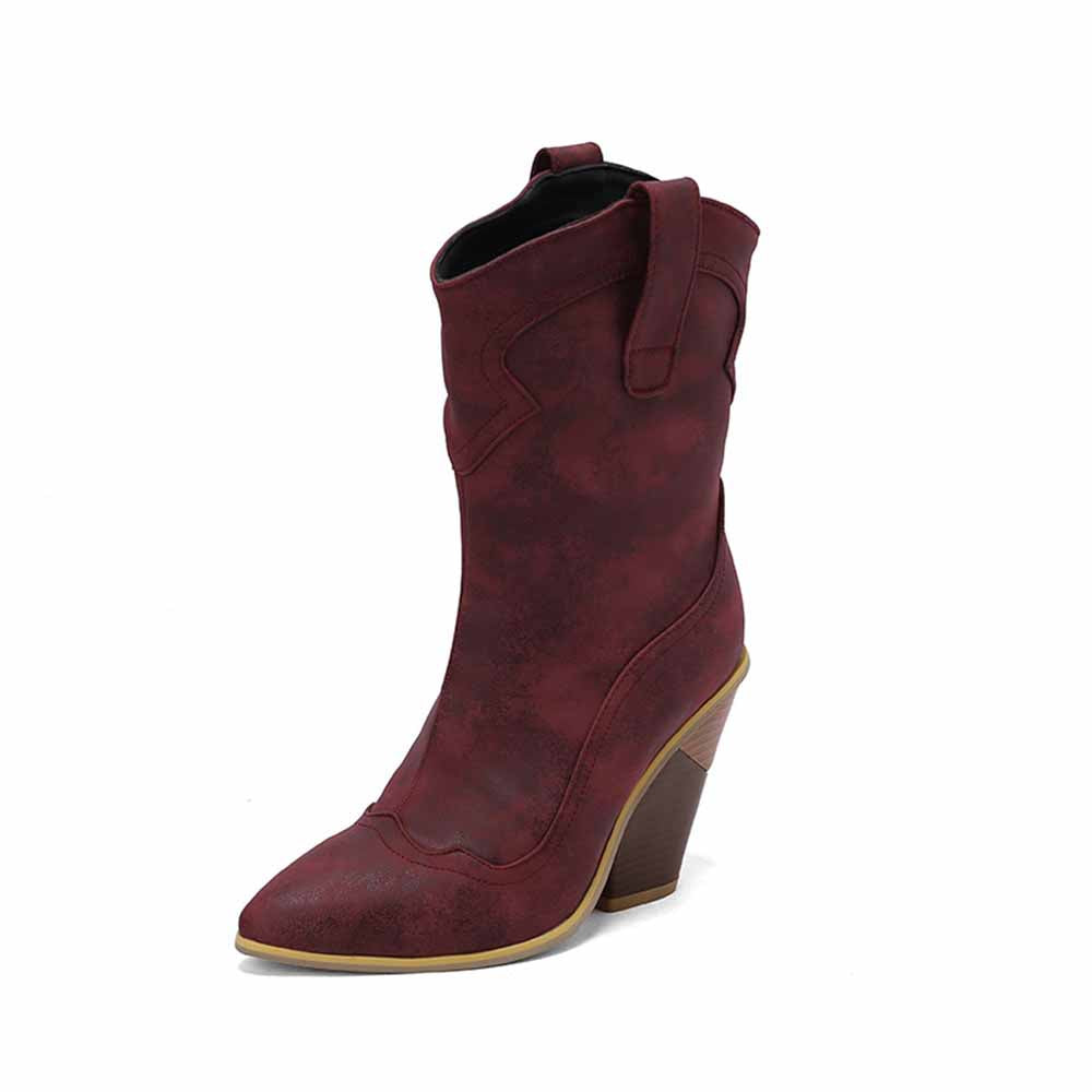 Elegant burgundy fashion wedge boots for women with a pointed toe design and stylish heel