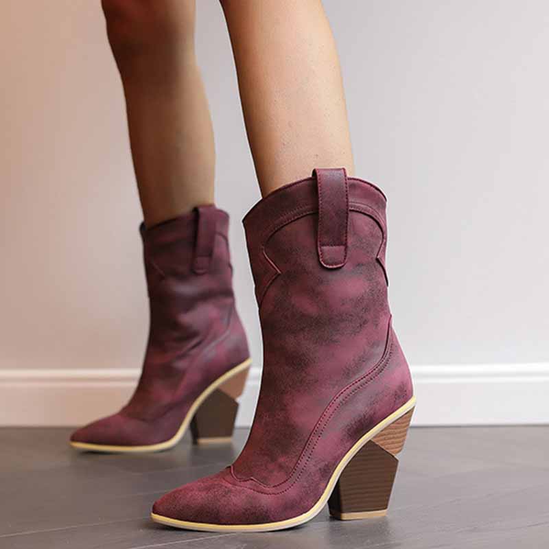 Fashion wedge boots for women in burgundy with stylish pointed toe and unique heel design