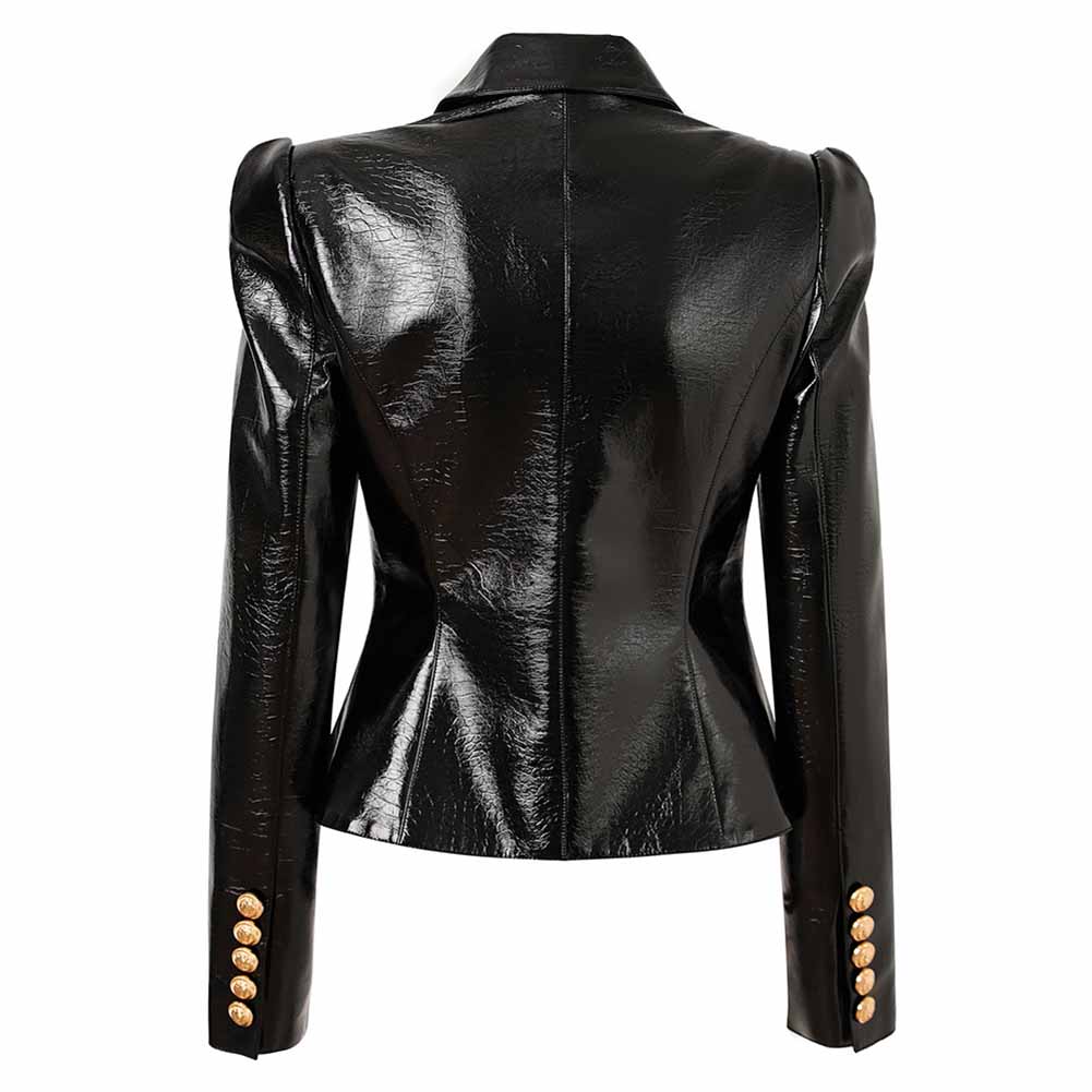 Black Double-Breasted Faux Leather Jacket Gold Tone Blazer