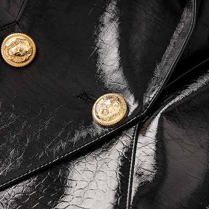 Black Double-Breasted Faux Leather Jacket Gold Tone Blazer