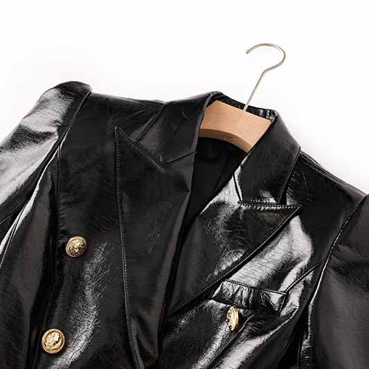 Black Double-Breasted Faux Leather Jacket Gold Tone Blazer