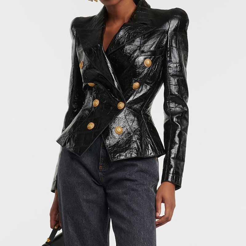 Black Double-Breasted Faux Leather Jacket Gold Tone Blazer