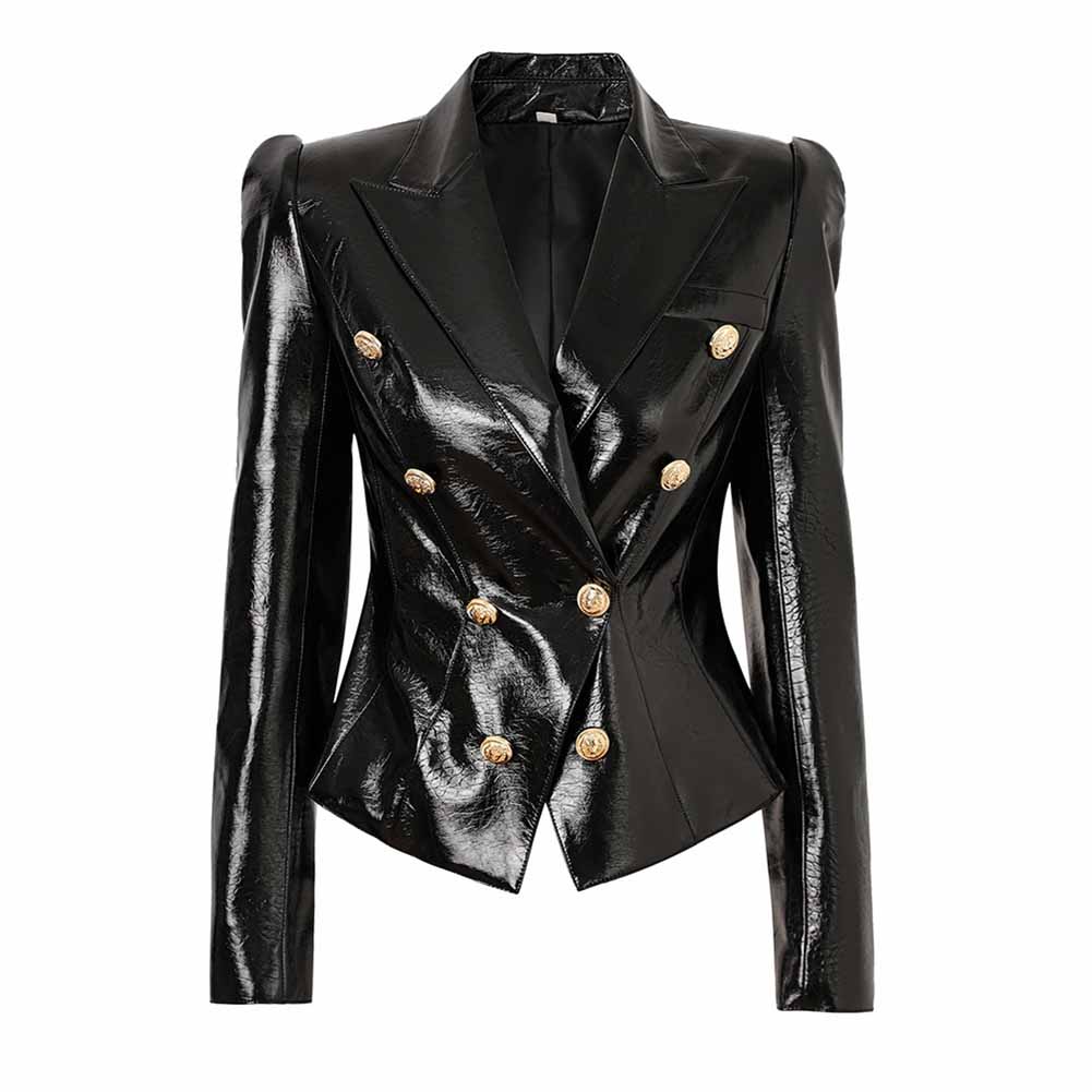 Black Double-Breasted Faux Leather Jacket Gold Tone Blazer