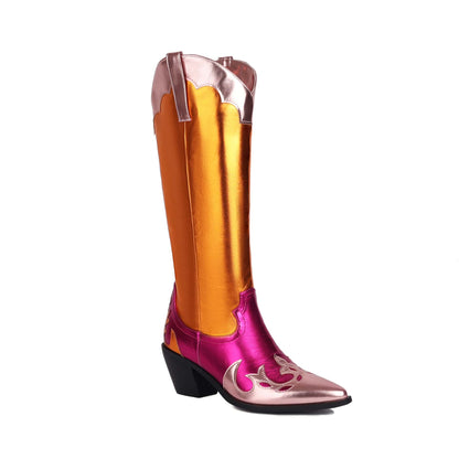 Colorful festival cowgirl boots for women in pink and orange with pointed toe and decorative design