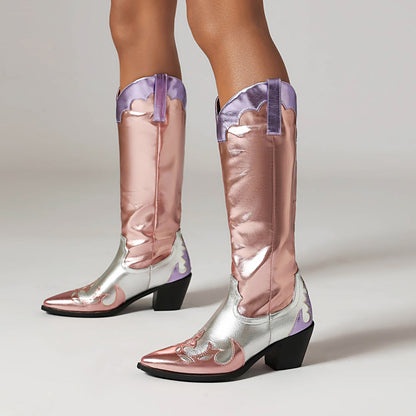 Stylish festival cowgirl boots for women in pink and silver with unique design and mid heels