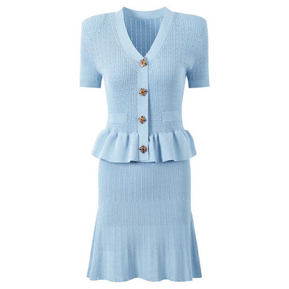 Flared Knit Mini Dress Short Sleeves