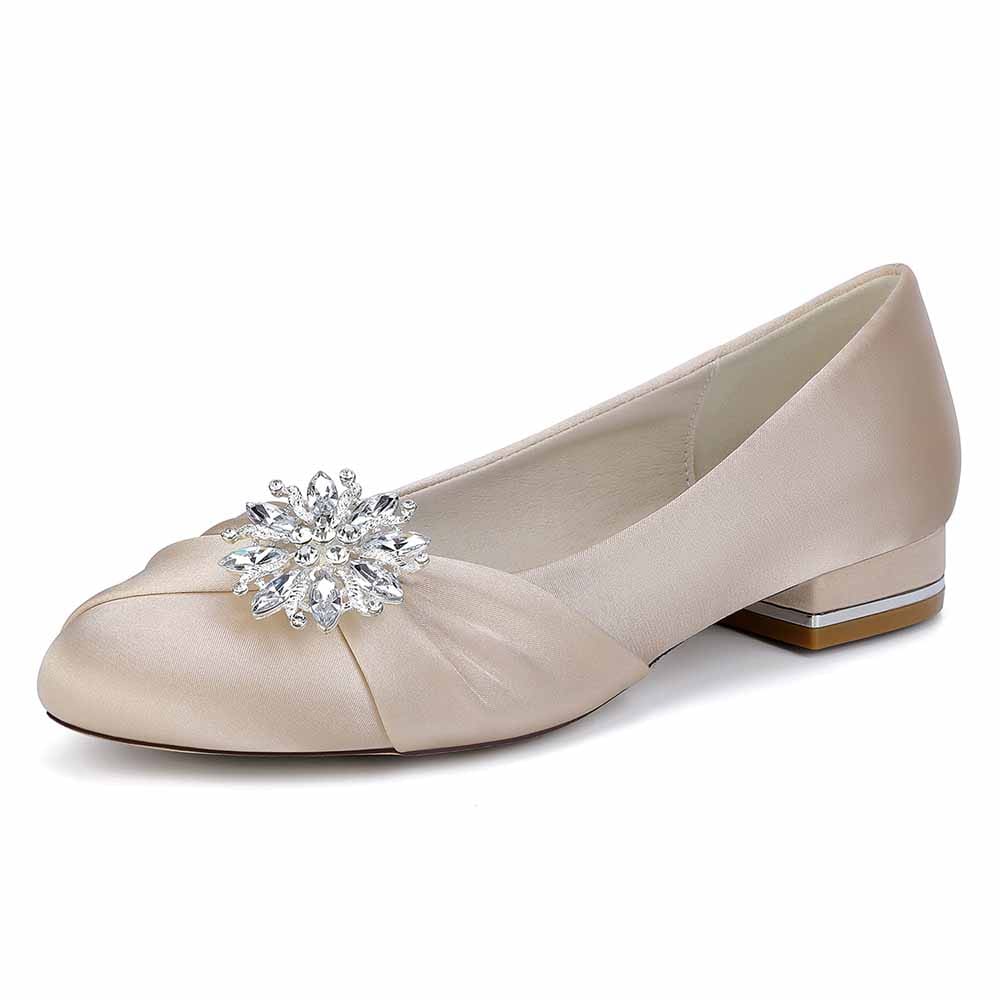 Elegant beige flat wedding shoes for bride with jeweled embellishment and comfortable design