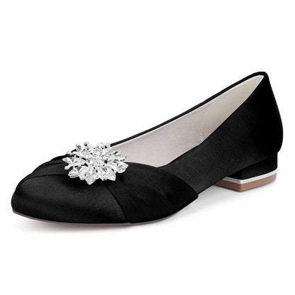 Elegant S&DCo. flat wedding shoes for bride in black satin with a sparkling crystal decoration