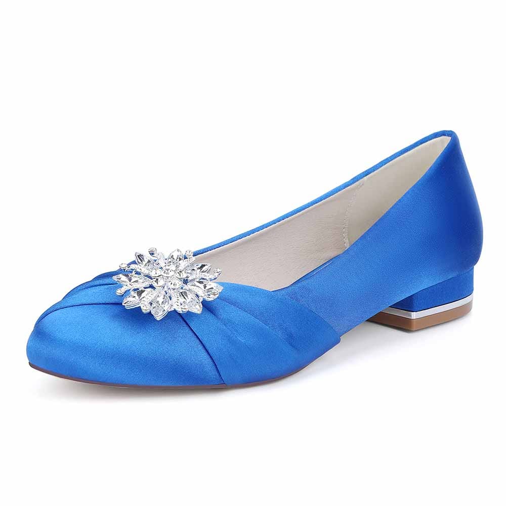 Stylish blue flat wedding shoes for bride with a decorative crystal embellishment