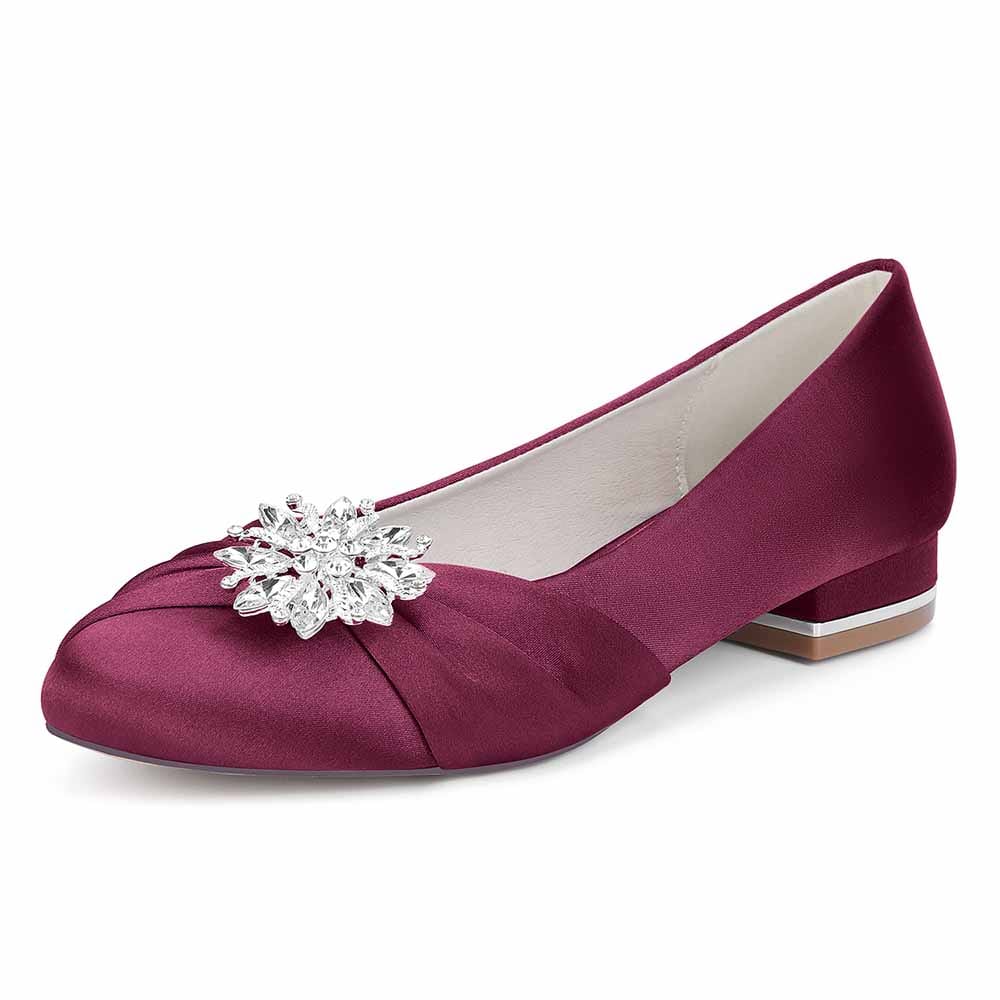 S&DCo. flat wedding shoes for bride in burgundy with elegant jewel embellishment
