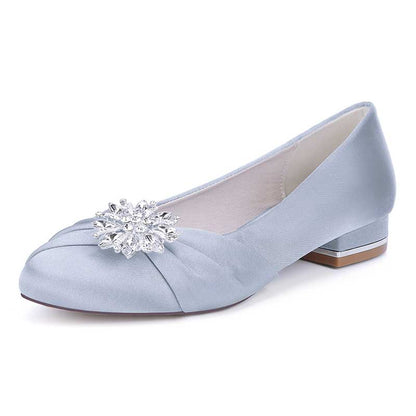 S&DCo. flat wedding shoes for bride in light blue satin with decorative rhinestone embellishment
