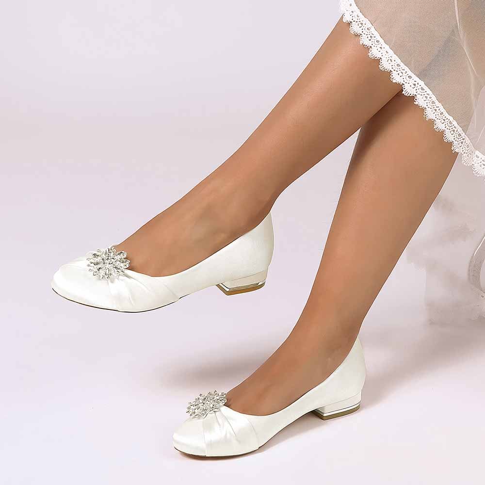 Elegant flat wedding shoes for bride with sparkling embellishment in white satin finish