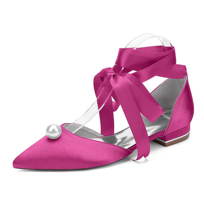 Women Satin Flat Shoes Ankle Strap Ballet Shoes With Preal Wedding Shoes