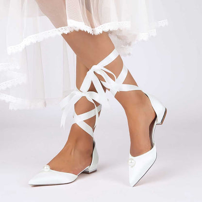 Women Satin Flat Shoes Ankle Strap Ballet Shoes With Preal Wedding Shoes