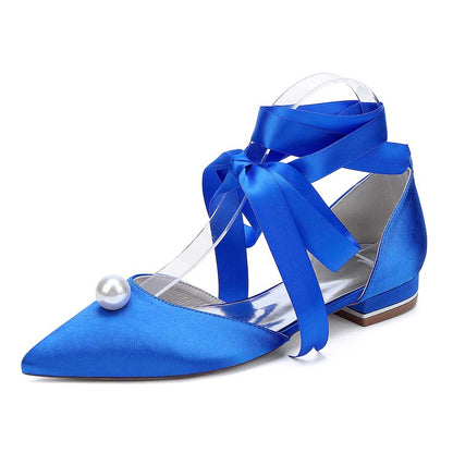 Women Satin Flat Shoes Ankle Strap Ballet Shoes With Preal Wedding Shoes