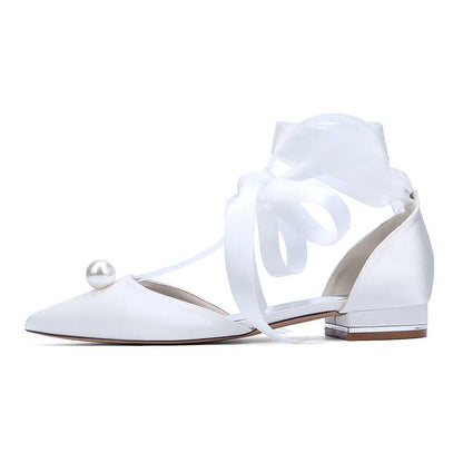Women Satin Flat Shoes Ankle Strap Ballet Shoes With Preal Wedding Shoes