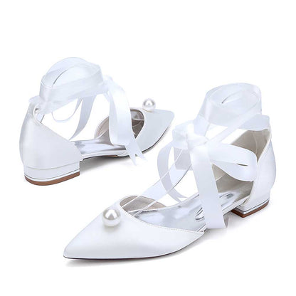 Women Satin Flat Shoes Ankle Strap Ballet Shoes With Preal Wedding Shoes