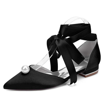 Women Satin Flat Shoes Ankle Strap Ballet Shoes With Preal Wedding Shoes