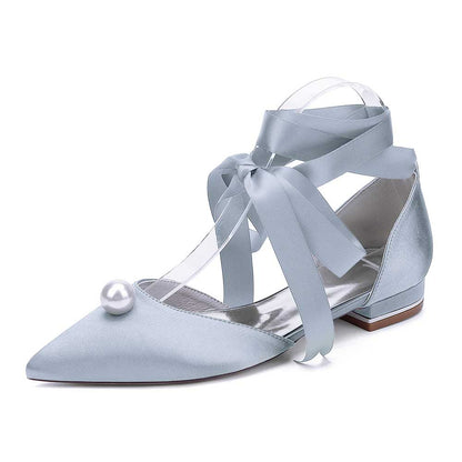 Women Satin Flat Shoes Ankle Strap Ballet Shoes With Preal Wedding Shoes