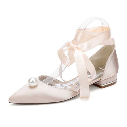 Women Satin Flat Shoes Ankle Strap Ballet Shoes With Preal Wedding Shoes