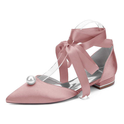 Women Satin Flat Shoes Ankle Strap Ballet Shoes With Preal Wedding Shoes
