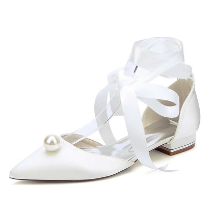 Women Satin Flat Shoes Ankle Strap Ballet Shoes With Preal Wedding Shoes