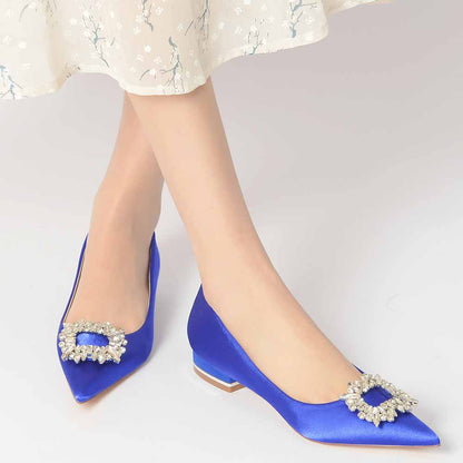 Women Party Flat Shoes Satin Bridal Shoes with Bead Buckle Pattern