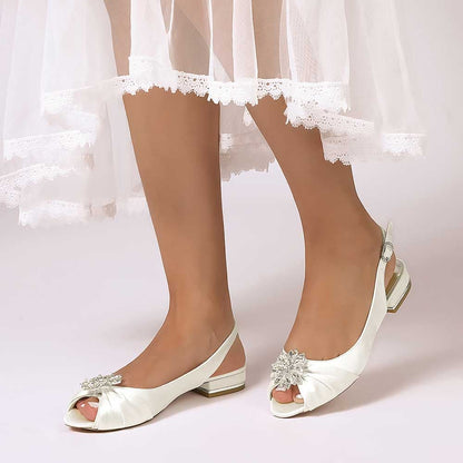Ballet Flats Pleated Satin Wedding Shoes Peep Toe Slingback Bridal Shoes