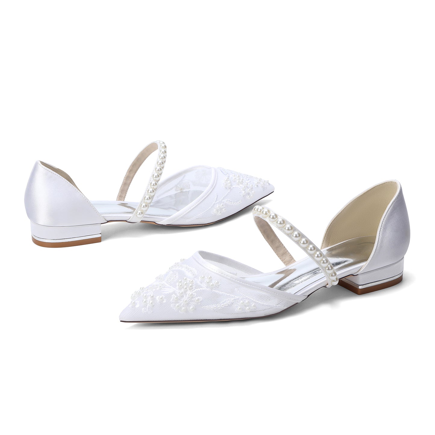 Women's Slip-On Lace Wedding Shoes Pointed Toe Flat Bridal Shoes