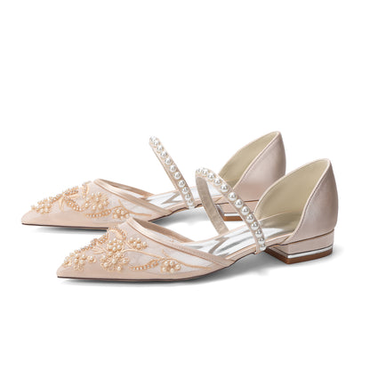 Women's Slip-On Lace Wedding Shoes Pointed Toe Flat Bridal Shoes