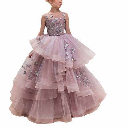 Elegant floor length ball gown for girls with floral embellishments and layered tulle skirt