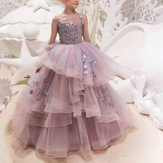 Elegant floor length ball gown for girls in soft pink with layered tulle and floral embroidery
