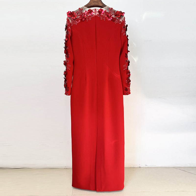 Elegant red floral embellished formal gown with intricate detailing on the sleeves and back view