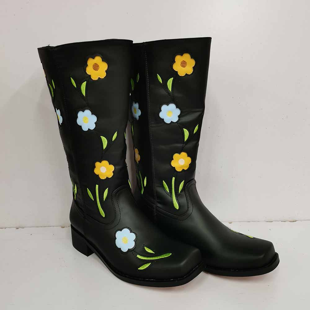 Black floral embroidered boots with colorful flower designs for a bold and stylish look