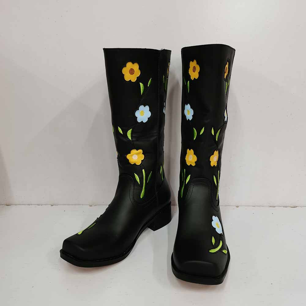SD-HK floral embroidered boots in black with colorful flower designs for a stylish look