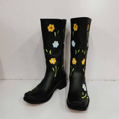 SD-HK floral embroidered boots in black with colorful flower designs for a stylish look