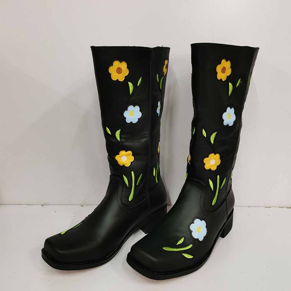 Black floral embroidered boots with colorful flower designs for a stylish and unique look