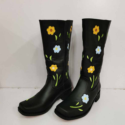 Black floral embroidered boots with colorful flower designs for a stylish and unique look