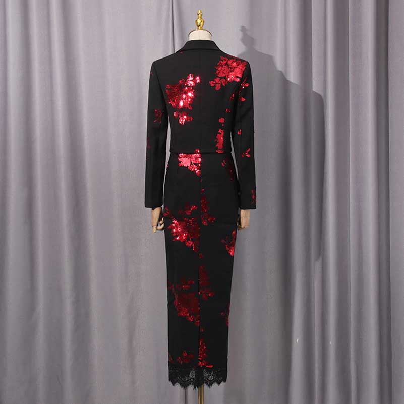 Elegant black skirt suit featuring a floral sequin crop top skirt set with attractive red detailing
