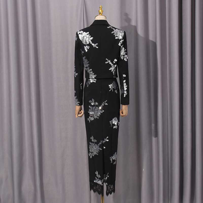 Elegant floral sequin crop top skirt set in black with floral designs, perfect for formal events