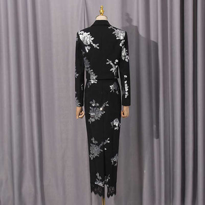 Elegant floral sequin crop top skirt set in black with floral designs, perfect for formal events