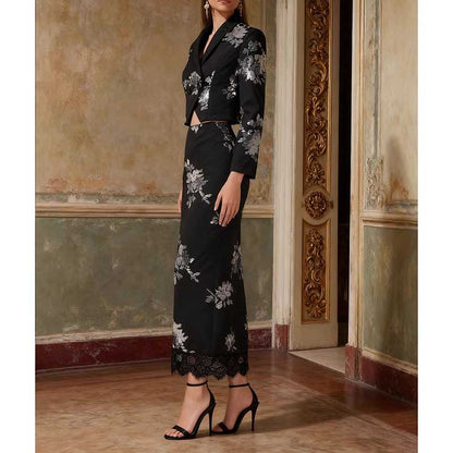 Elegant floral sequin crop top skirt set from SD Dresscode with a black floral design and lace trim